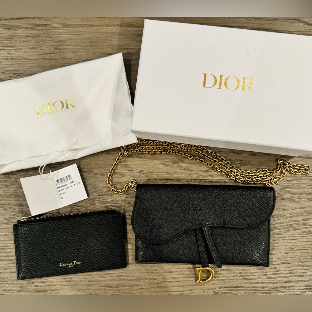 Dior Grained Calfskin Long Saddle Wallet with Chain, Like New